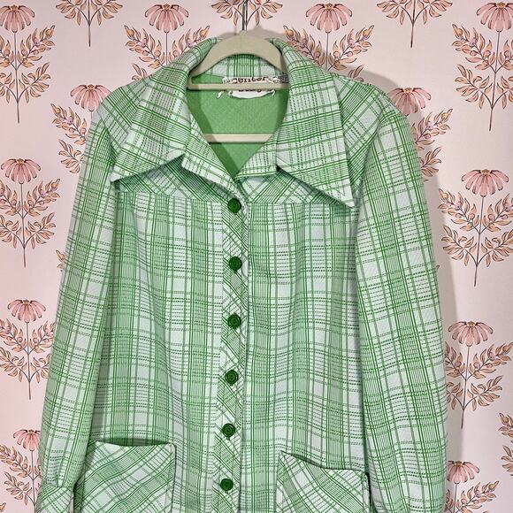 Vintage 70’s Double Knit Green and White Plaid Chore Shirt Jacket Polyester, EUC - Picture 3 of 9